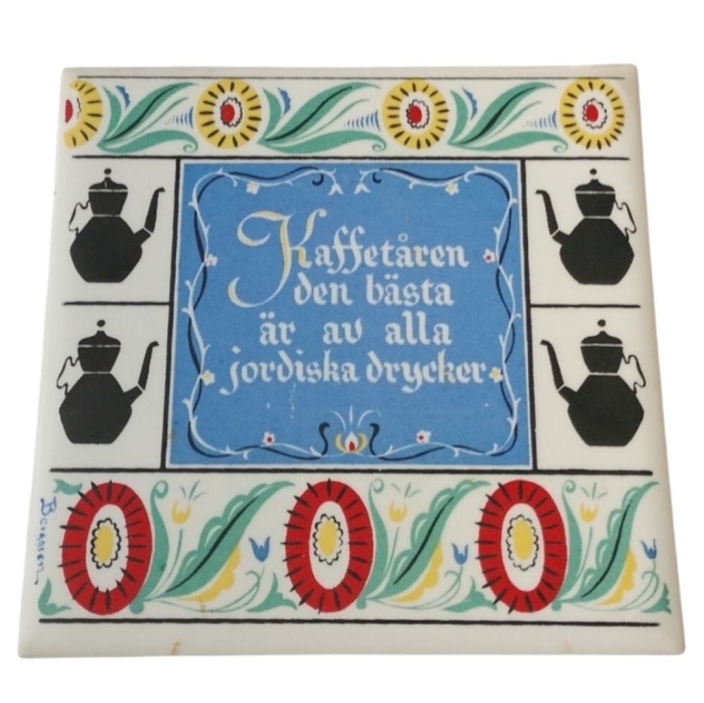 Vintage Swedish Tribute Coffee Kaffetaren Tile Trivet Dalmalningar - Picture 1 of 5